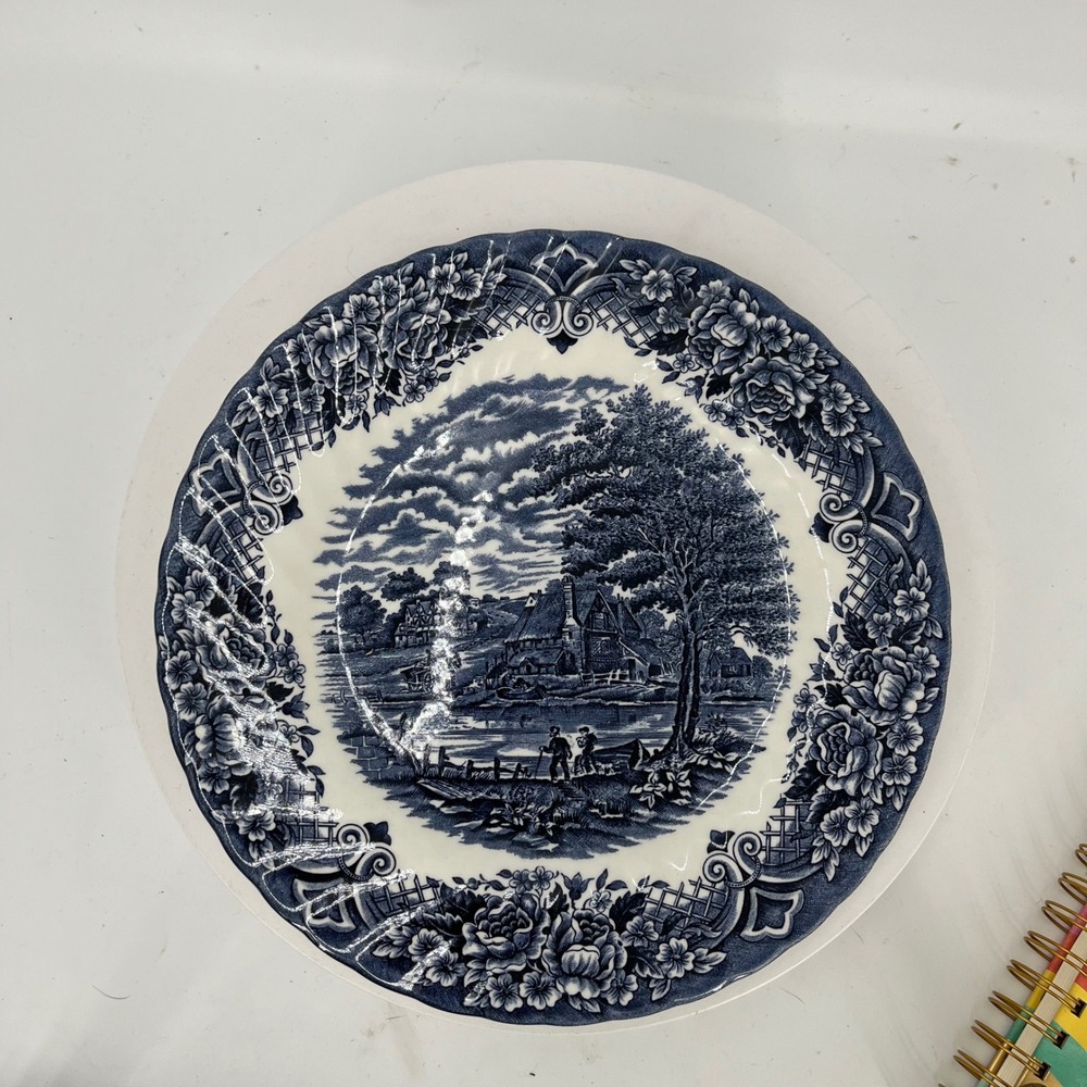Royal Art Staffordshire England 10" Dinner Plate Blue White Scenic Transferware